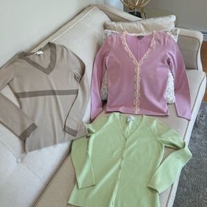 Ann Taylor 3 Set-Lilac Pink Lace-Trim, Tan, and Mint V-Neck Sweaters